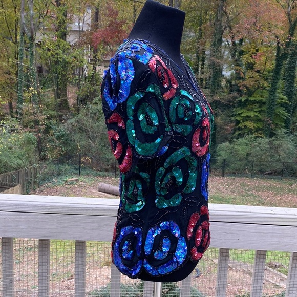 Vintage 80s Beaded Sequin Floral Silk Formal Top - Picture 2 of 13